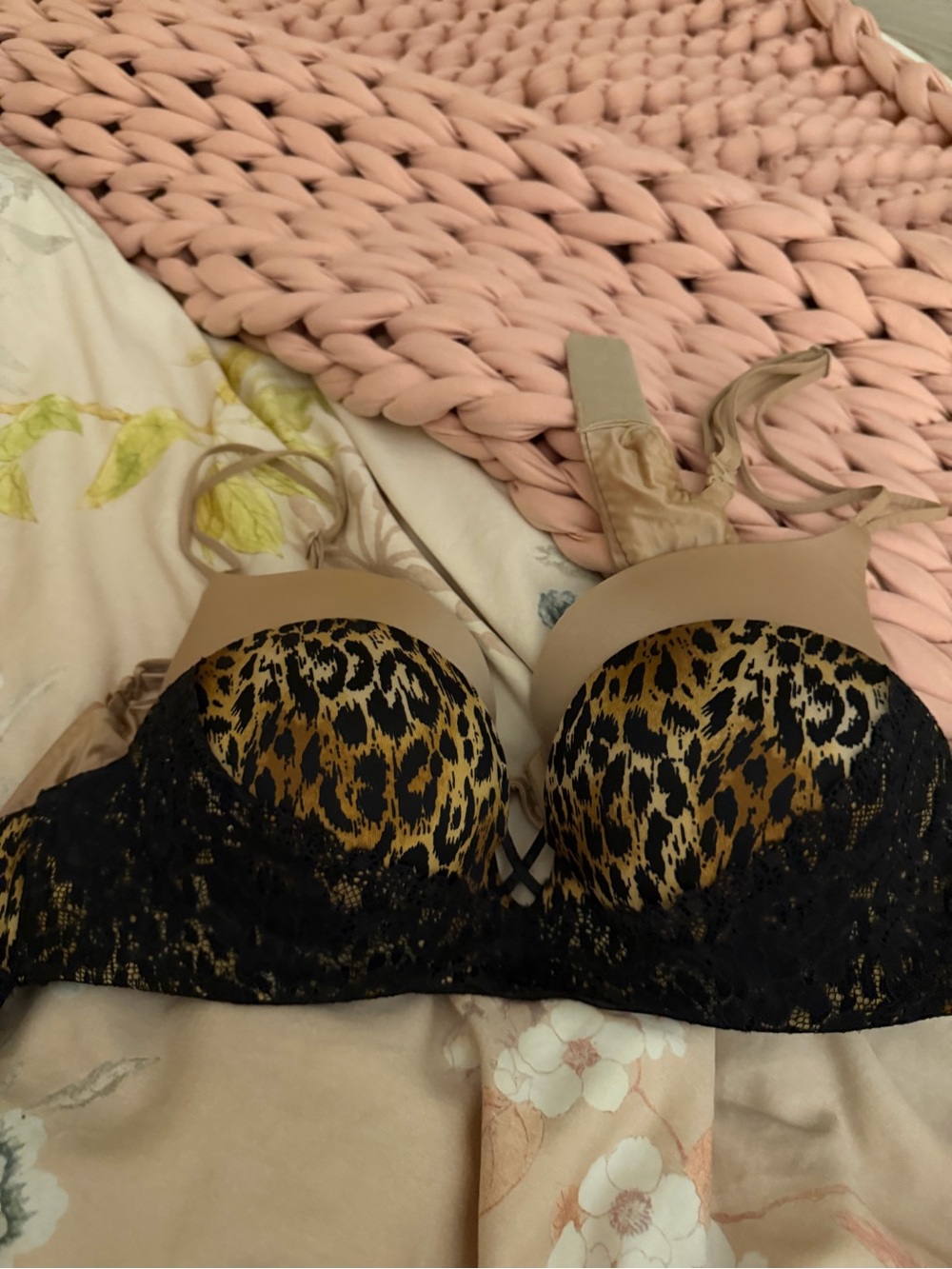 Victoria's Secret Leopard Print Push-Up Bra with Black Lace and Nude Straps